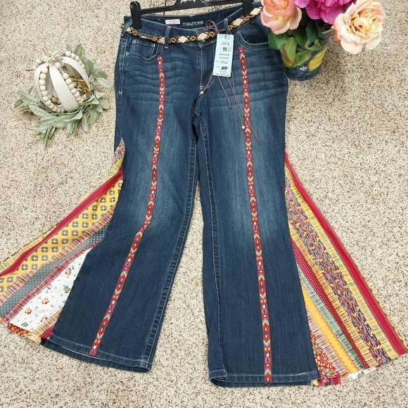 Handmade Denim - 3783 Size 14W Maurices Upcycled Red and Gold Bell-Bottom Jeans.